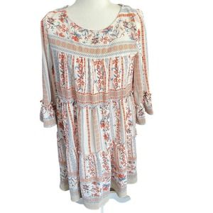 Violet Weekend Dress Womens Medium Cream Floral Boho Lined Tiered Bell Sleeve